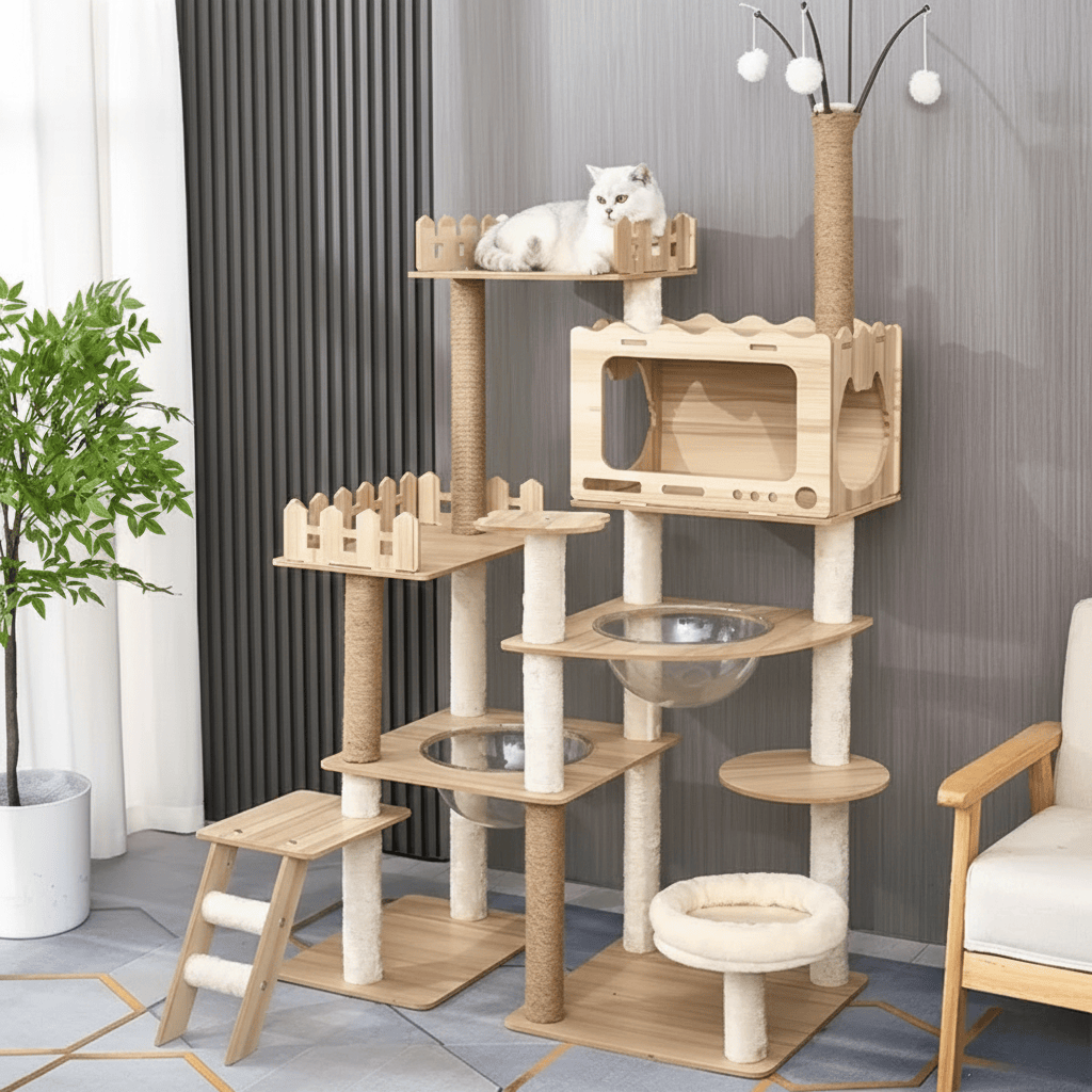 Arbre à chat en bois XXL Yumi - 170cm - Maison felin