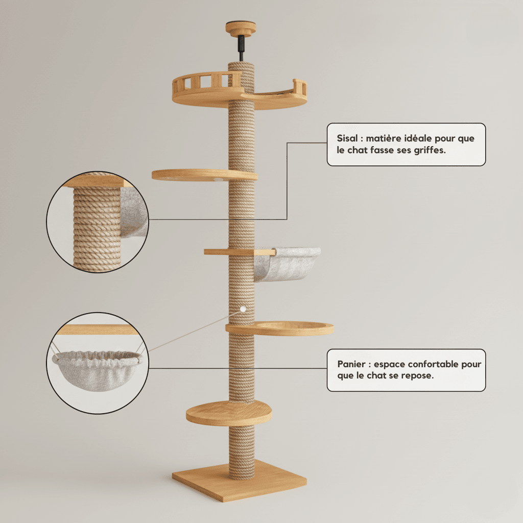 Arbre à chat en bois XXL Pomelo - Réglable jusqu'à 270cm - Maison felin